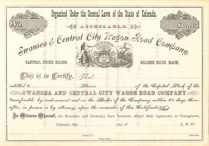 Swansea and Central City Wagon Road Co. - Unissued Stock Certificate